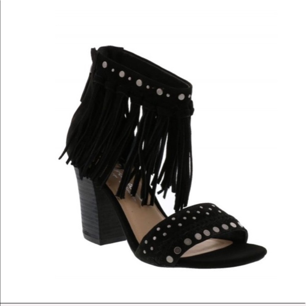 NIB Black Leather Fringe Boho Block Heel Sandal - Picture 3 of 3